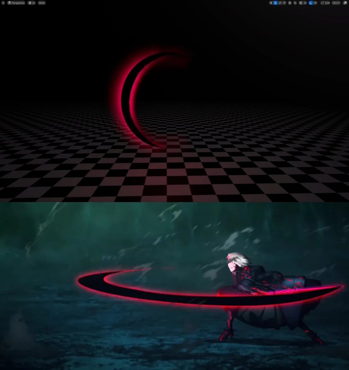 Recreated Saber Alter sword slash compared with its reference
